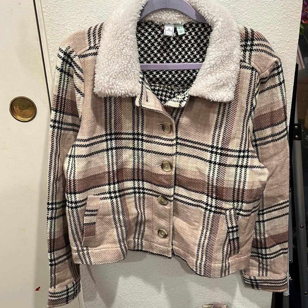 Pink plaid jacket with fur collar